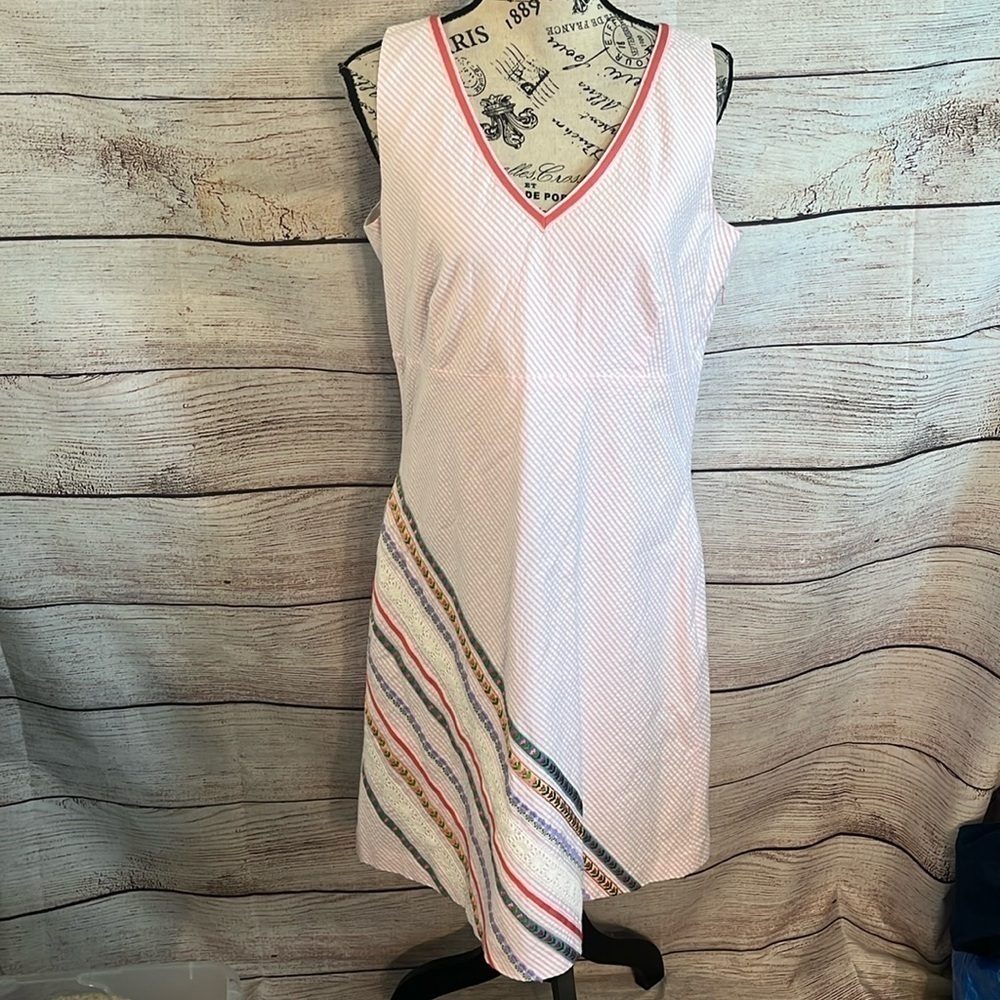 Garnet Hill Cream and Pink Striped V-Neck Midi Dress with Multicolor Hem